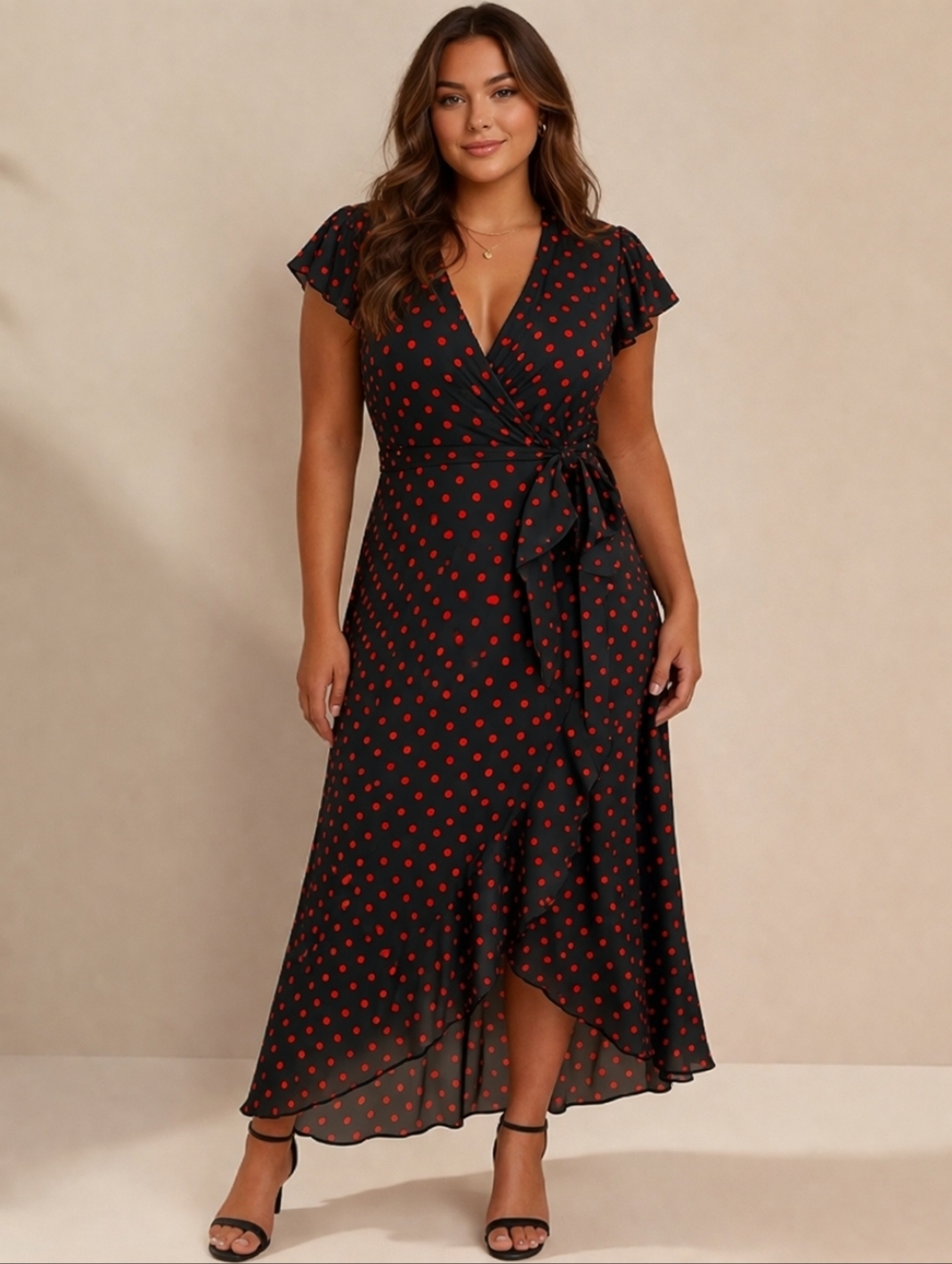 Leo Rosi Black Midi Wrap Dress with Red Polka Dots